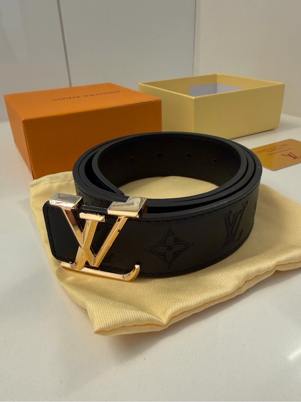 Louis Vuitton Black Monogram LV Initiales Belt Gold Buckle